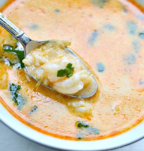 a bowl of shrimp soup with a spoon full of soup