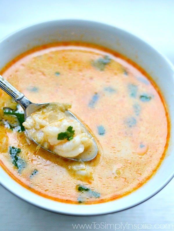 a bowl of shrimp soup with a spoon full of soup