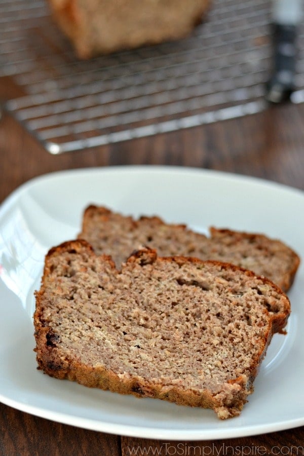Two Gluten Free Banana Bread slices on a white plate