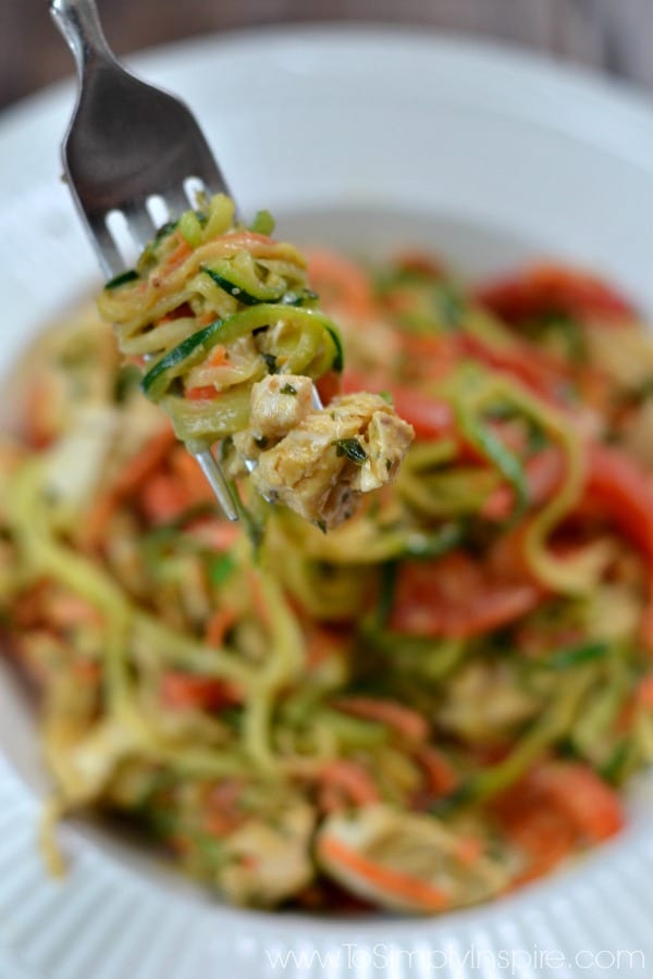 A forkful of late of zucchini noodles and chicken