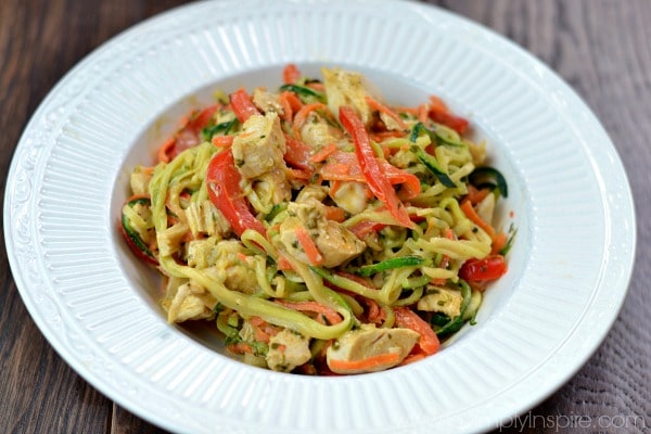 A white bowl of zucchini noodles, chicken and sliced red peppers