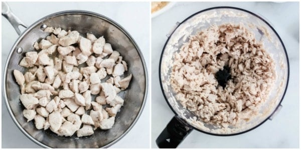 diced chicken in a silver pan and shredded chicken in a food processor