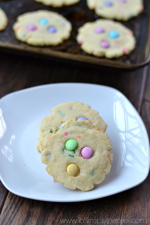 A plate cookies with easter m&m\'s baked inside