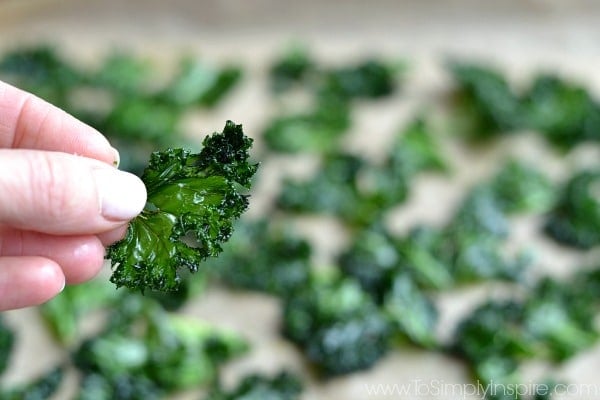 A kale chip held in fingers