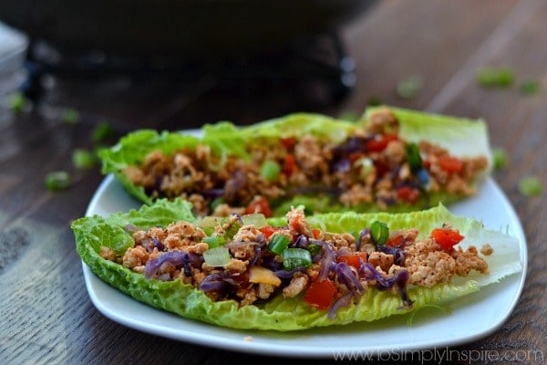 A plate of two lettuce wraps with ground turkey meat and red peppers