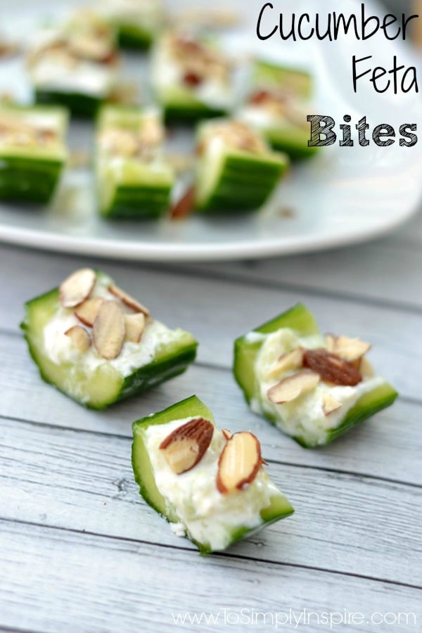 three cucumber slices with feta and almond slices with a plate full in the back with text overlay
