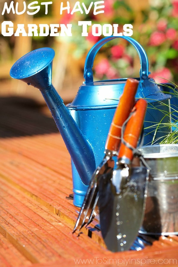 A blue watering can with a gardening tools with orange handles 