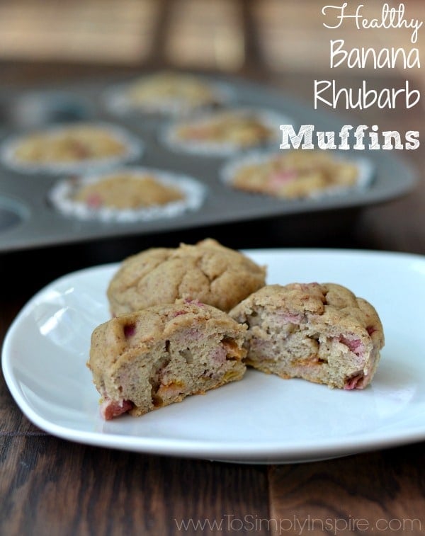 two banana rhubarb muffins on a white plate