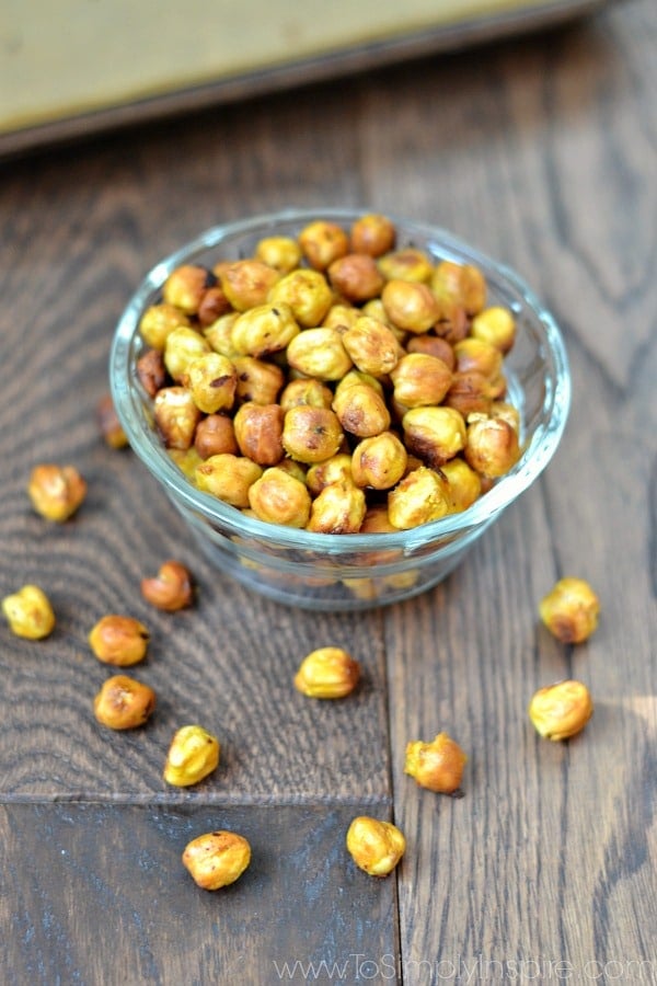 a glass bowl with honey mustard chickpeas