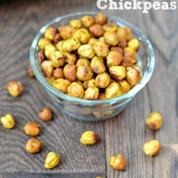 a glass bowl with honey mustard chickpeas with text overlay