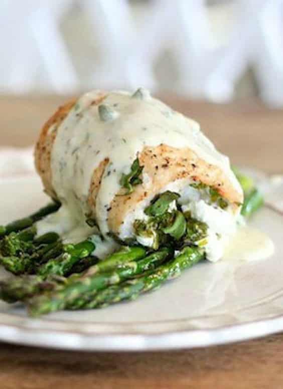 Spinach and Goat Cheese Stuffed Chicken Breasts with Roasted Asparagus