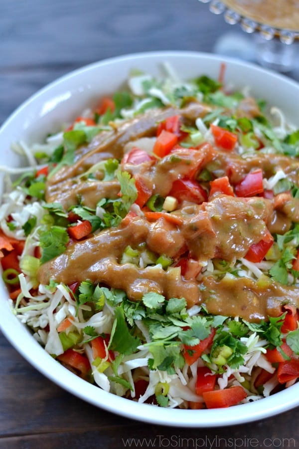 A close up of a bowl of lettuce with diced red peppers and a Thai peanut butter dressing drizzled on top