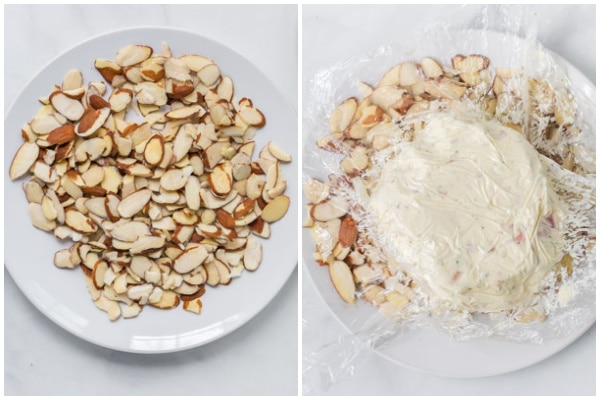 cheese ball being coated with almond slices