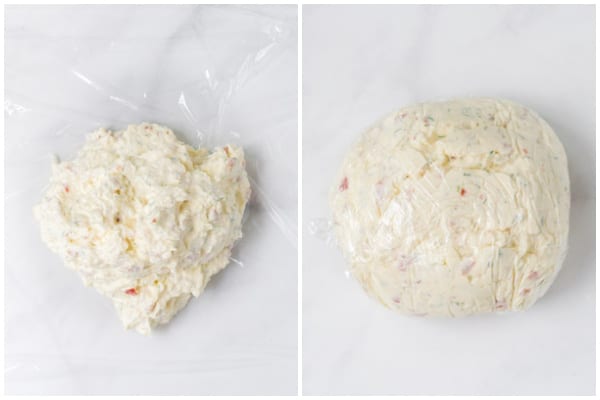 cheese ball on and wrappped in plastic wrap