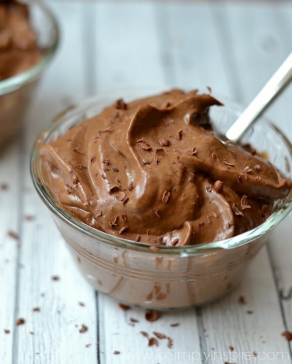 A closeup of avocado Chocolate Pudding recipe in a little glass bowl