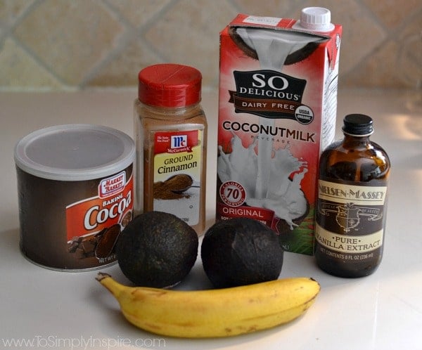 carton of coconut milk, cocoa powder, banana, avocados and cinnamon