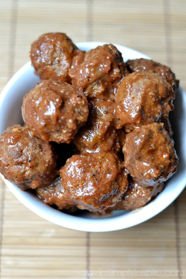 Grape Jelly and Ketchup Meatballs in a white bowl