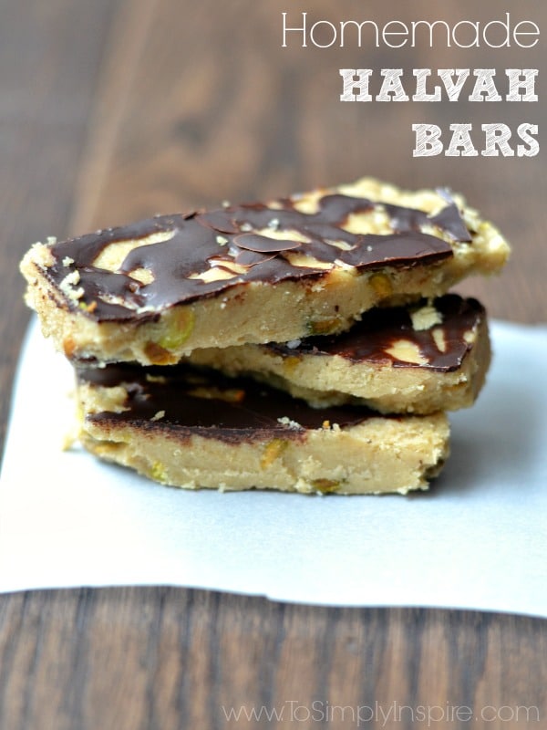 three halvah tahini bars stacked on top of each other