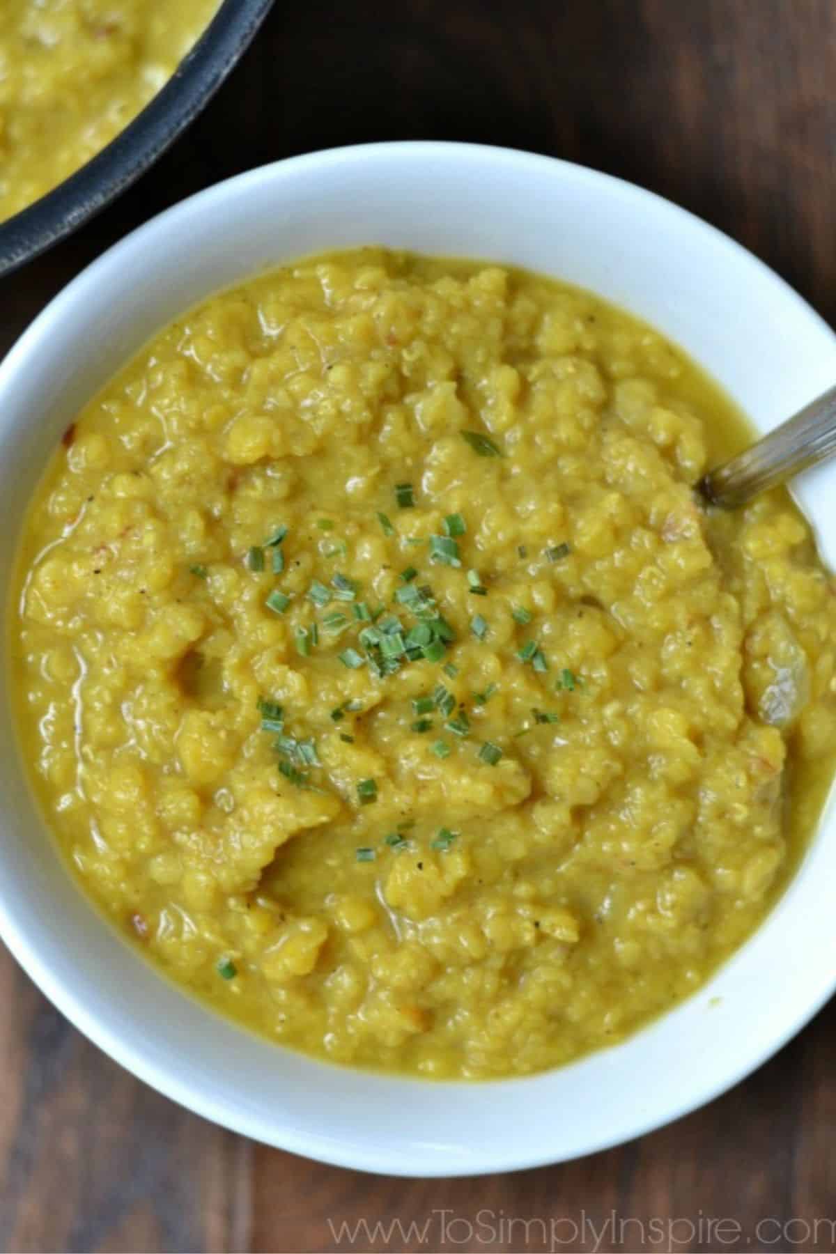 closeup of lentils in a white bowl 