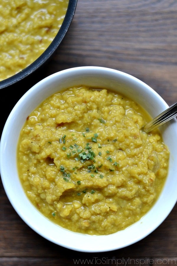 A white bowlful of Dal lentils