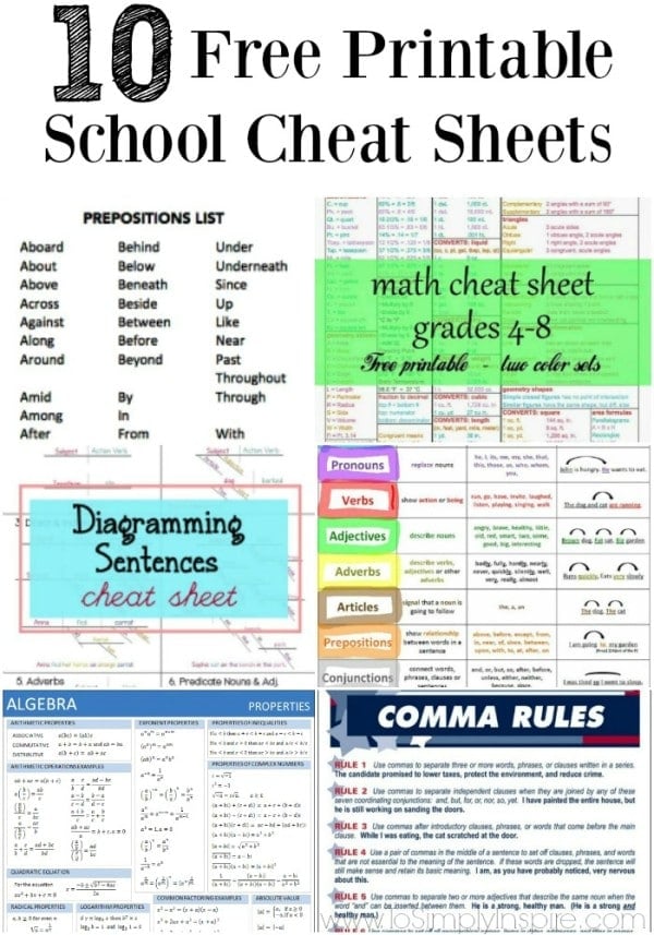 a bunch of printable school cheatsheets