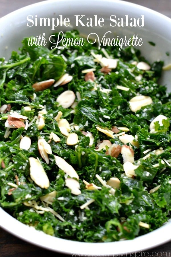 Simple Kale Salad with Lemon Vinaigrette - a healthy lunch or dinner for a busy night. Added sliced almonds and parmesan cheese pair perfectly with the tangy lemon dressing.