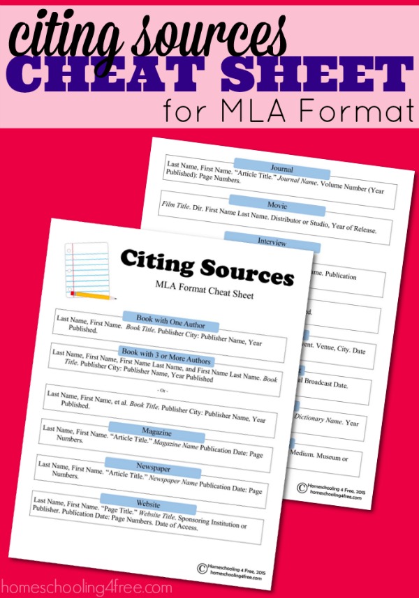 MLA cheat sheet for citing sources printable