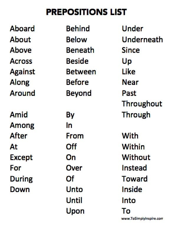 Preposition List Free Printable