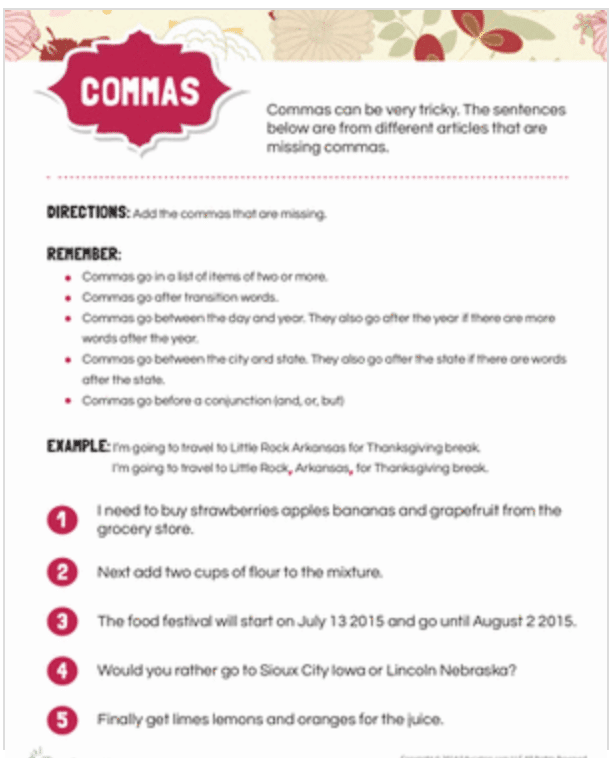 comma rules worksheet