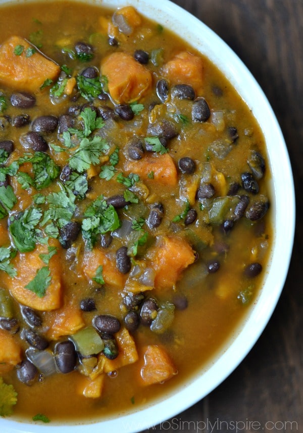 A bowl of sweet potato and black bean soup