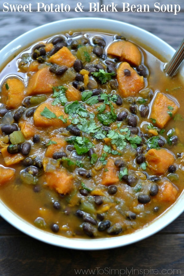 closeup of sweet potato and black bean soup