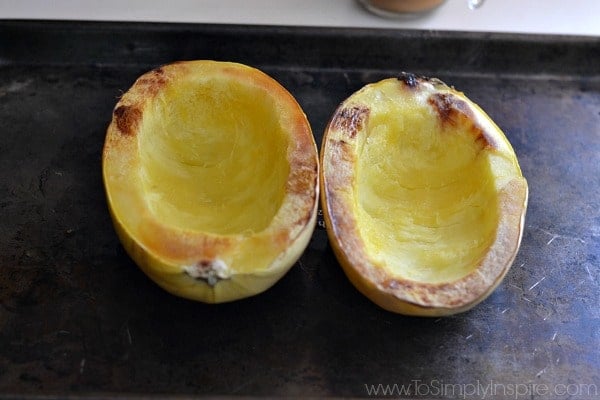 Spaghetti Squash halves baked on a cookie sheet
