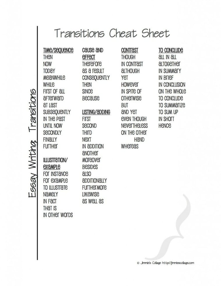 essay witing transitions cheat sheet