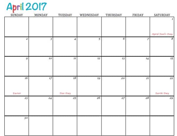 free printable april 2017 calendar