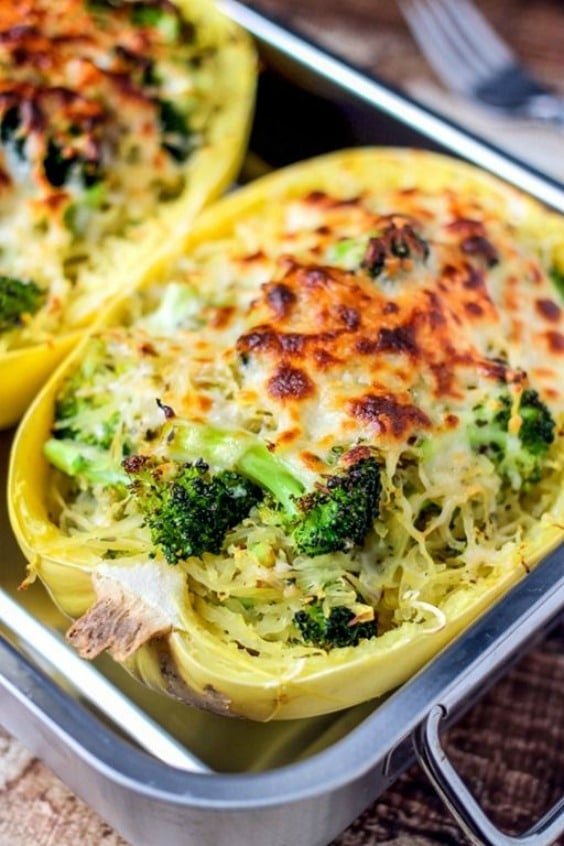 broccoli stuffed spaghetti squash half