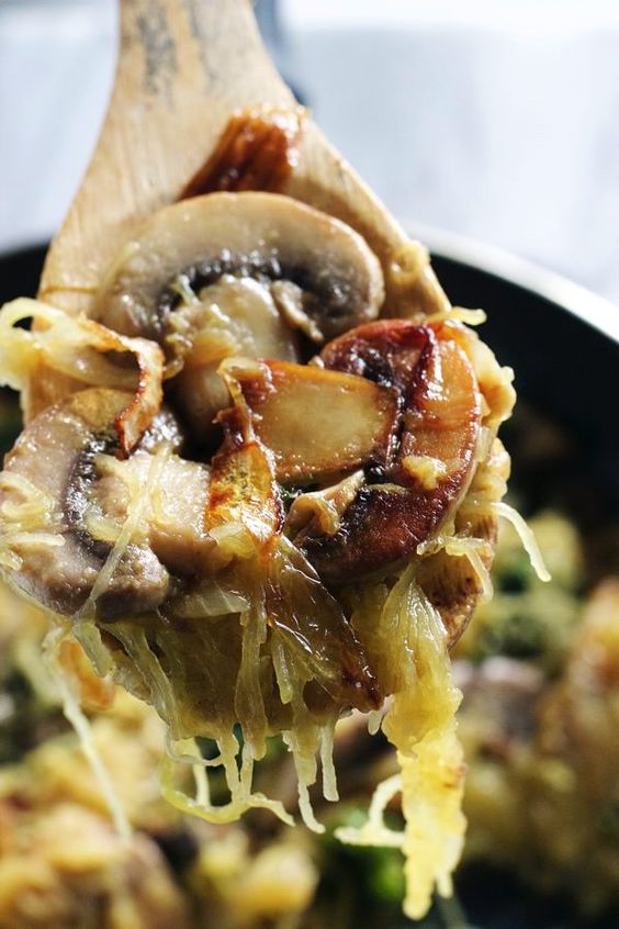 closeup of cooked mushrooms with spaghetti squash 