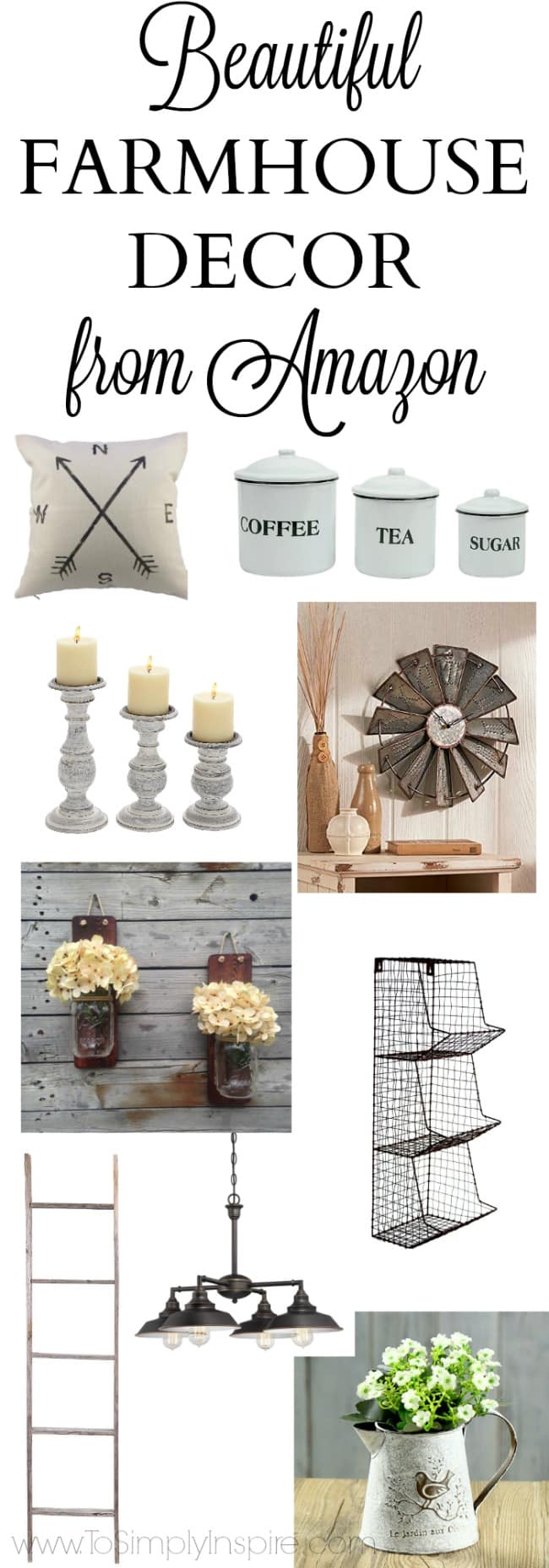 several pieces of farmhouse decor - candlesticks, canisters, pillow, cream hydrangea flowers