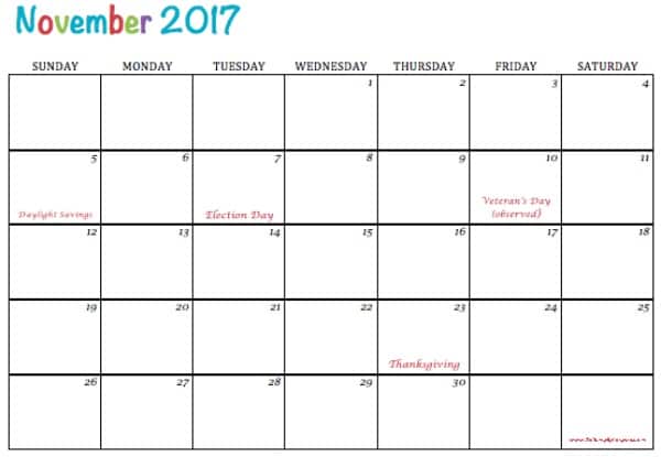 free printable november 2017 calendar