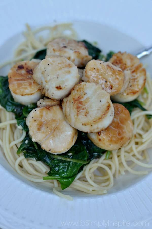 sautéed scallops over cooked spinach and spaghetti noodles