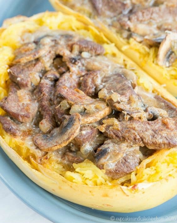 spaghetti squash  with beef stroganoff and mushrooms