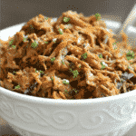 A close up of a bowl of shredded chicken topped with scallions
