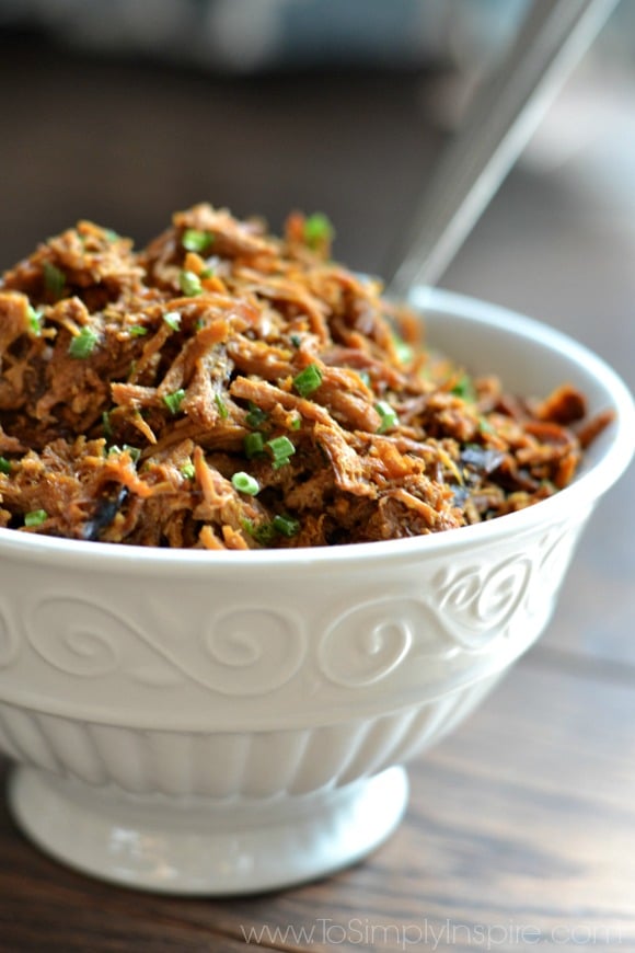 A close up of a bowl of shredded chicken topped with green onions with a fork