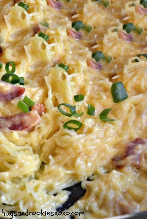 spaghetti squash with creamy sauce and ham