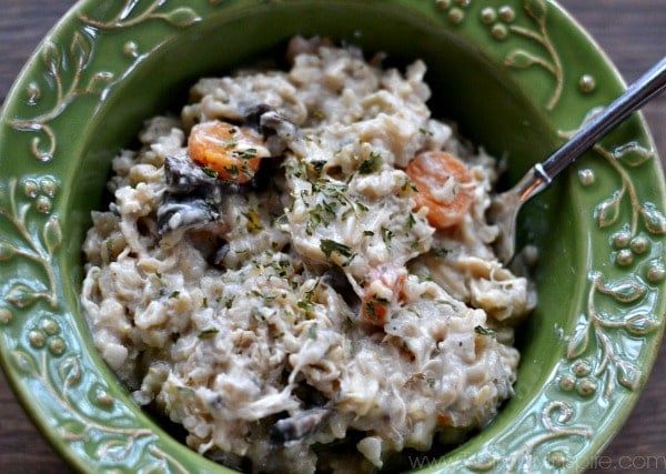 A closeup of creamy chicken and brown rice casserole in a green bowl with a spoon