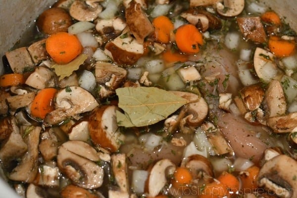A pot of mushrooms and carrots in broth cooking with a bay leaf on top