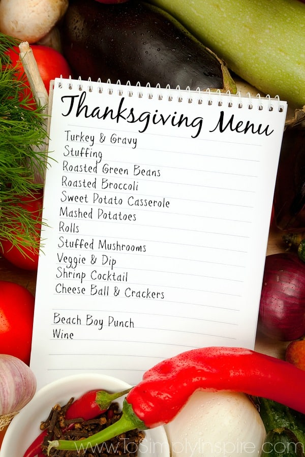 A notebook page with a Thanksgiving Menu list