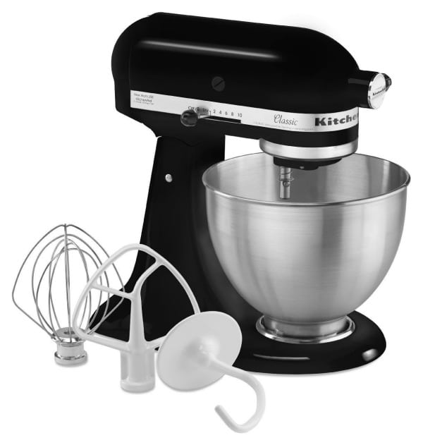 a black Kitchenaid mixer with stainless steel bowl