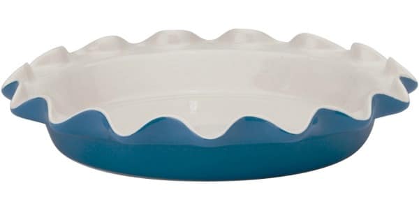 a white ceramic pie plate with a royal blue rim