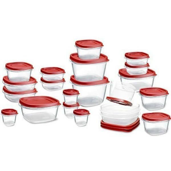 a set of plastic storage containers with red lids