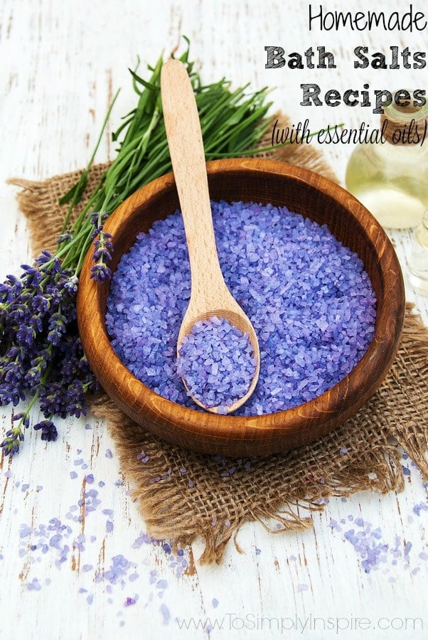 Lavender Bath salts in a wooden bowl with a wooden spoon